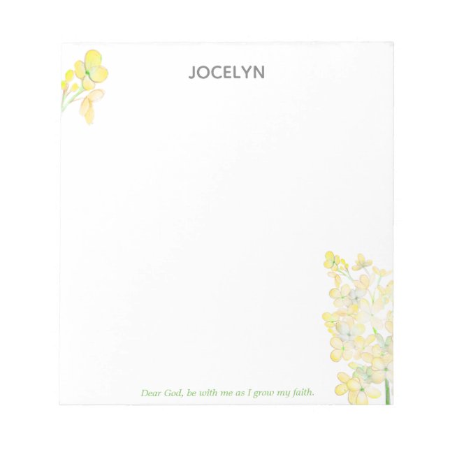 Grow My Faith Yellow Hyacinth Personalised Notepad (Front)