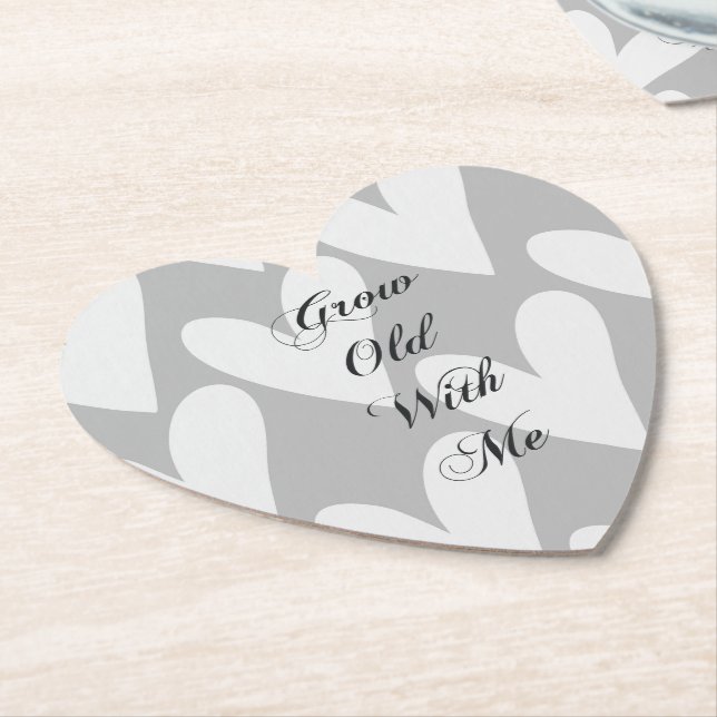 Grow Old With Me Love Grey White Hearts Paper Coaster (Angled)