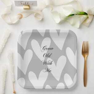 Grow Old With Me Love Grey White Hearts Wedding Paper Plate