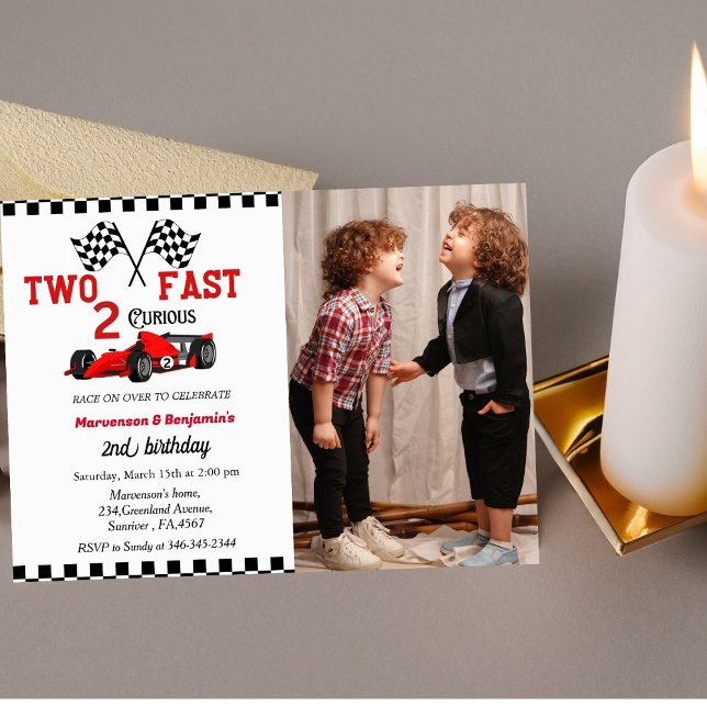 Grow up too fast race car twin boys 2nd birthday  invitation (Creator Uploaded)