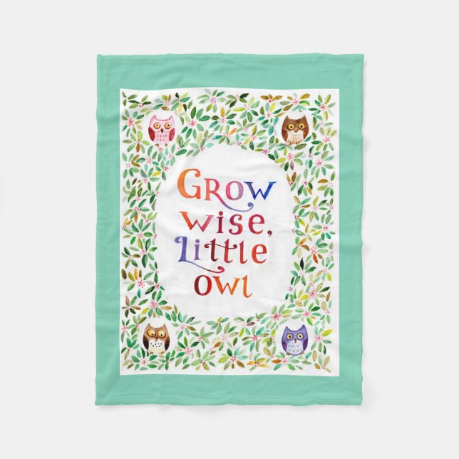 Grow wise little owl watercolor art fleece blanket (Front)