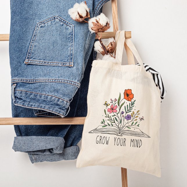 Grow your mind Boho Wildflower and book Tote Bag (Creator Uploaded)
