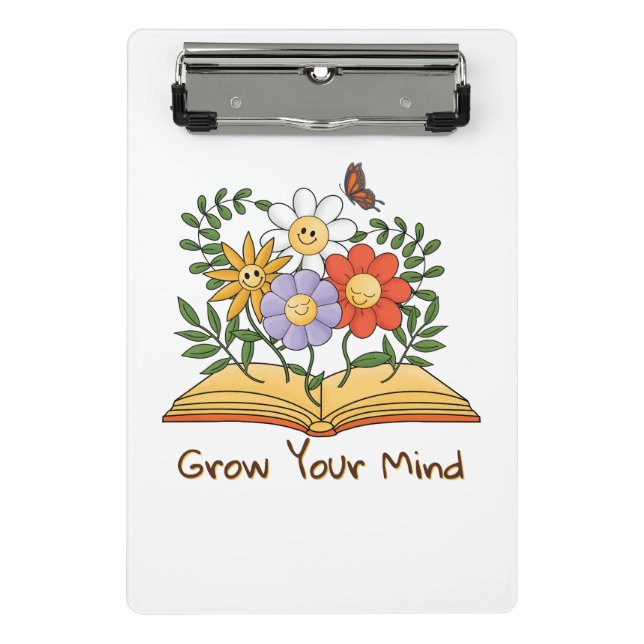 Grow Your Mind Book Floral Notebooks Mini Clipboard (Front)