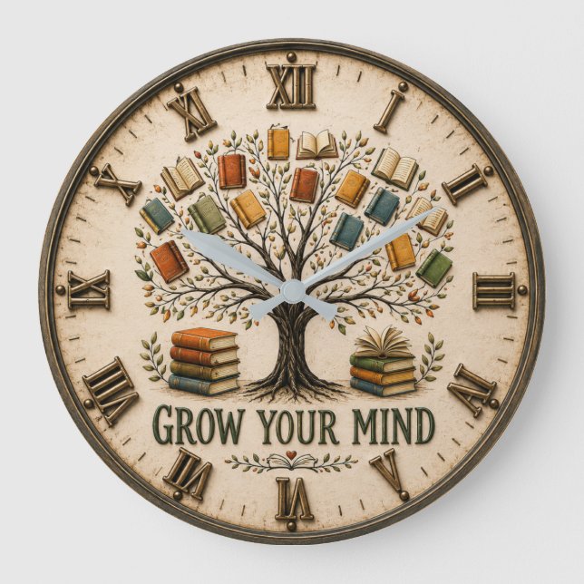 Grow Your Mind Book  Reading Teacher Gift Large Clock (Front)