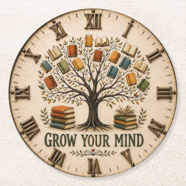 Grow Your Mind Book  Reading Teacher Gift Round Paper Coaster (Front)