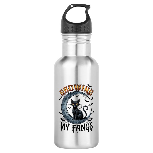 Growing Fangs Black Cat Crescent Moon Bats Hallowe 532 Ml Water Bottle (Front)