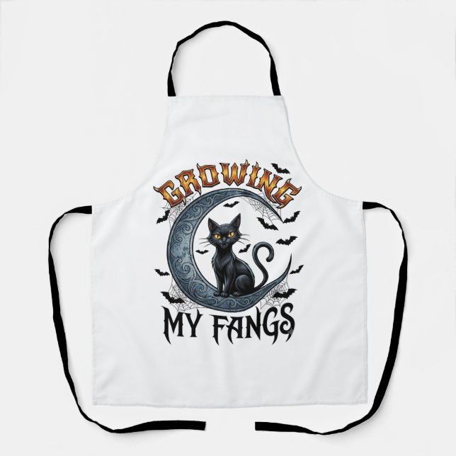 Growing Fangs Black Cat Crescent Moon Bats Hallowe Apron (Front)