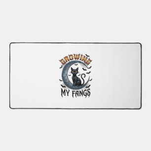 Growing Fangs Black Cat Crescent Moon Bats Hallowe Desk Mat