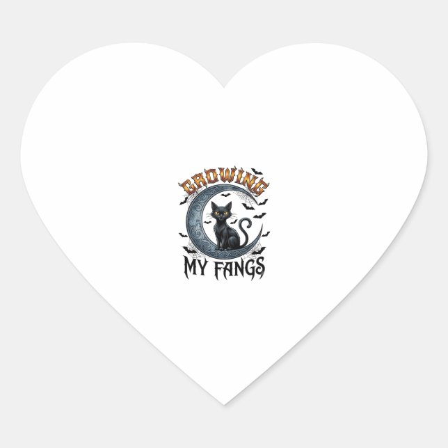 Growing Fangs Black Cat Crescent Moon Bats Hallowe Heart Sticker (Front)