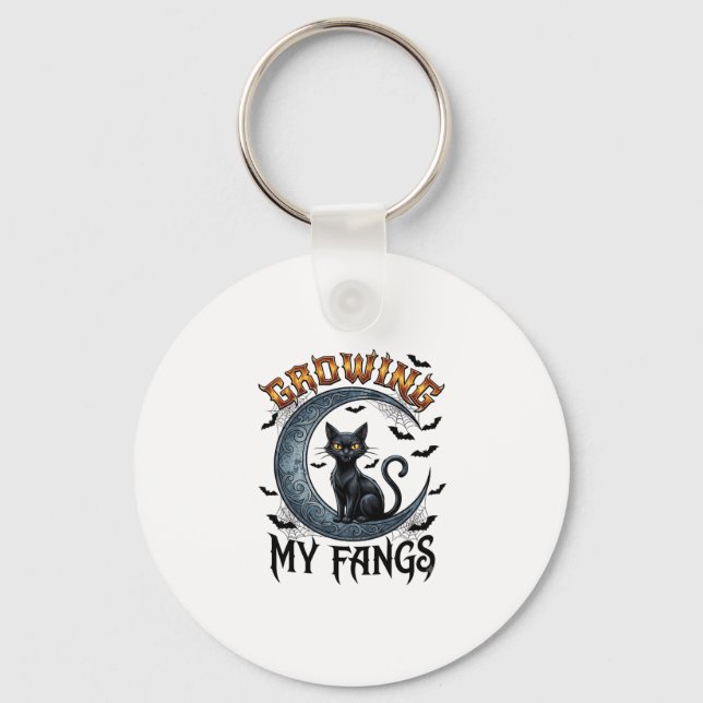 Growing Fangs Black Cat Crescent Moon Bats Hallowe Key Ring (Front)