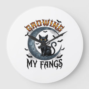 Growing Fangs Black Cat Crescent Moon Bats Hallowe Large Clock