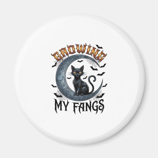 Growing Fangs Black Cat Crescent Moon Bats Hallowe Magnet (Front)