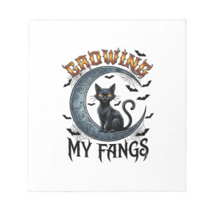 Growing Fangs Black Cat Crescent Moon Bats Hallowe Notepad