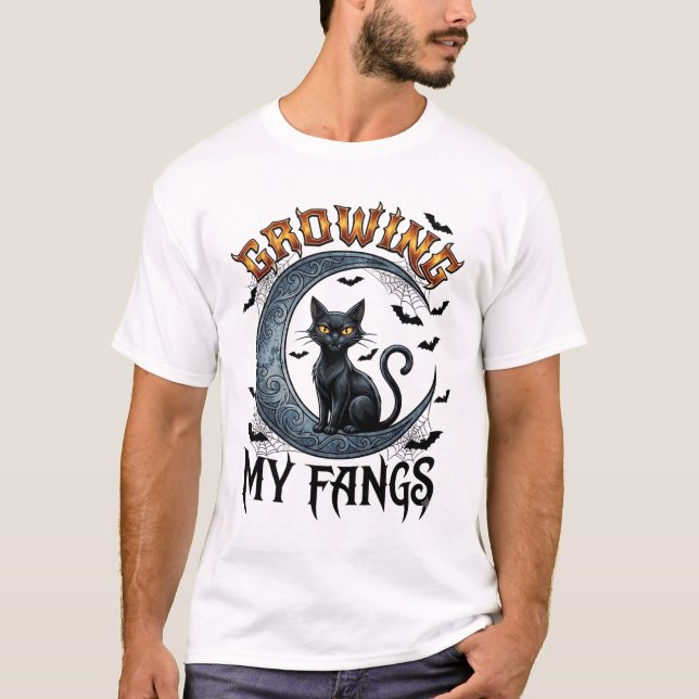 Growing Fangs Black Cat Crescent Moon Bats Hallowe T-Shirt (Front)