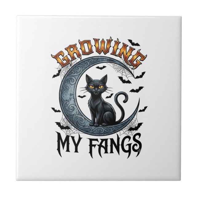 Growing Fangs Black Cat Crescent Moon Bats Hallowe Tile (Front)