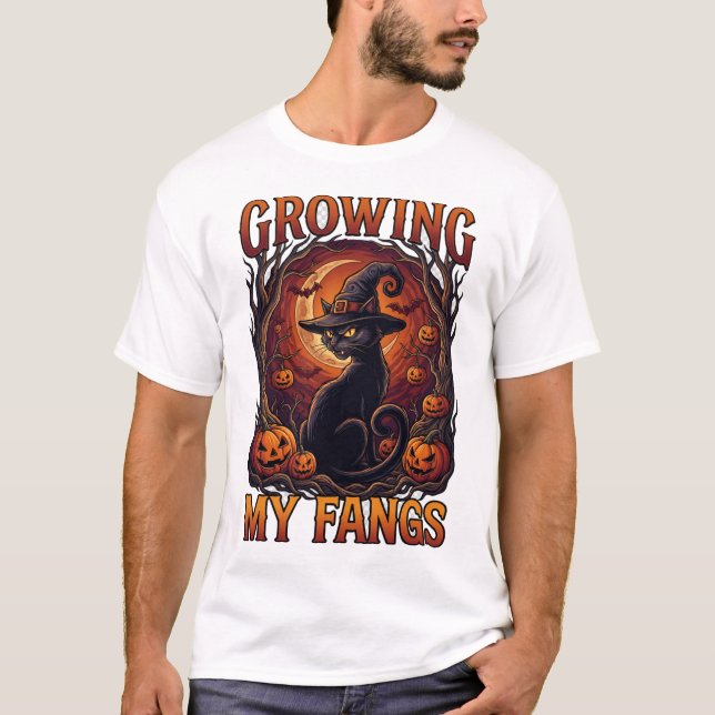 Growing Fangs Halloween Black Cat Witch Hat Pumpki T-Shirt (Front)