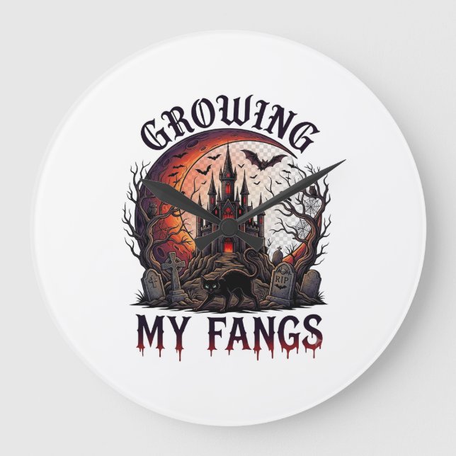 Growing Fangs Halloween Haunted Castle Black Cat M Large Clock (Front)