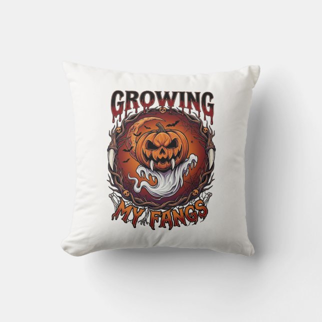 Growing Fangs Vampire Pumpkin Ghost Bats Skulls Cushion (Front)