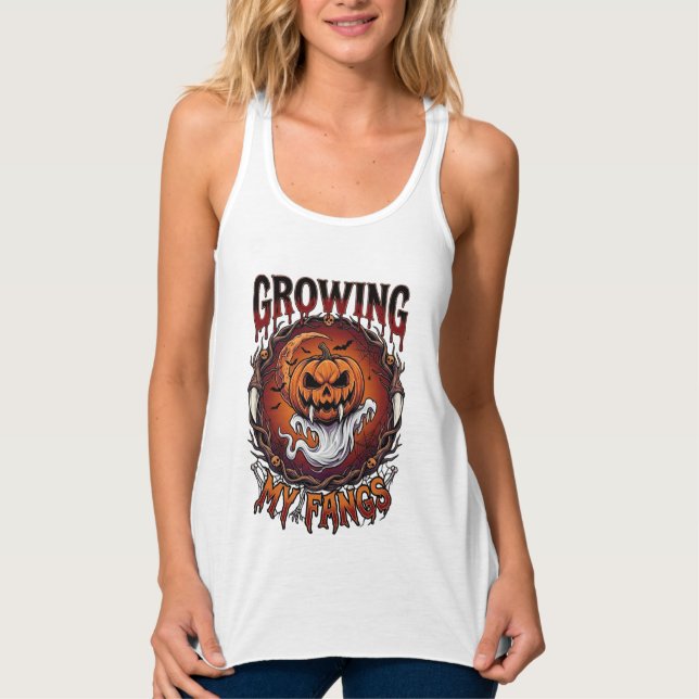 Growing Fangs Vampire Pumpkin Ghost Bats Skulls Singlet (Front)