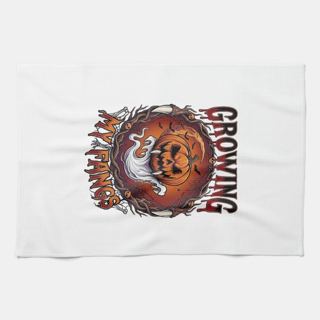 Growing Fangs Vampire Pumpkin Ghost Bats Skulls Tea Towel (Horizontal)