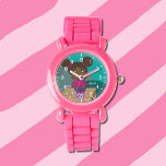 Growing Girl Pink Watch with Name<br><div class="desc">A cute pink watch for kids with an extremely happy African American girl (her cat by her side),  because her plant is growing . Personalise the watch with the name of the child. Pick  different colour or style if desired . 
© ArianeC Illustrations-All rights reserved</div>