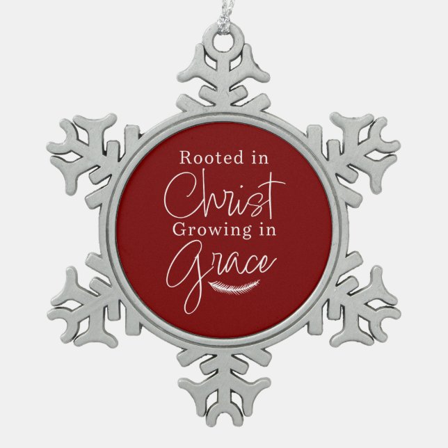 Growing in Grace Red and White Christmas Snowflake Pewter Christmas Ornament (Front)