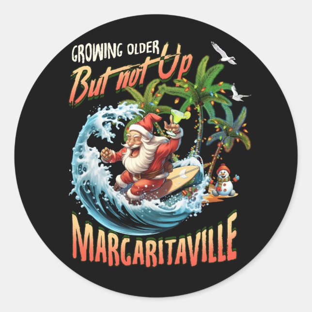 Growing Older But Not Up- Surfing Santa Riding Wav Classic Round Sticker (Front)