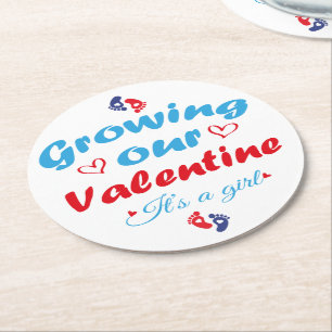 Growing Our Valentine It's A Girl New Pregnancy Round Paper Coaster