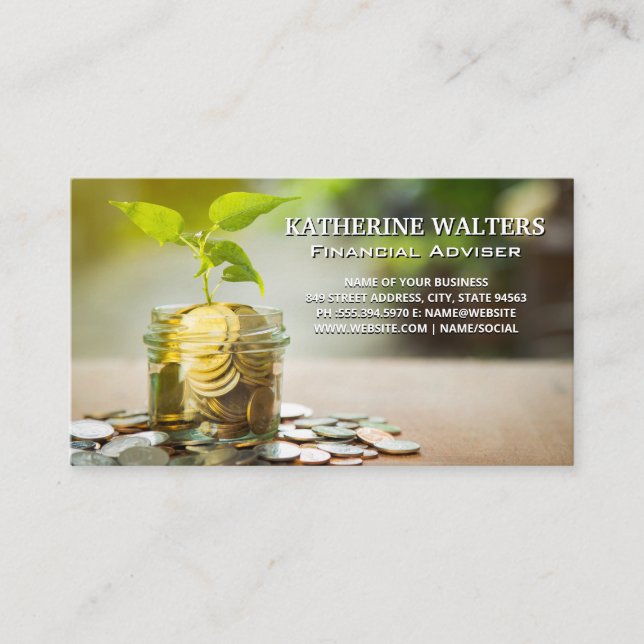 Growing Plant in Jar of Coins | Finance Business Card (Front)