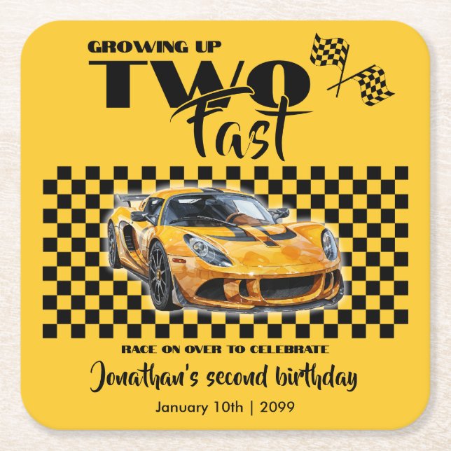 Growing Up To Fast 2nd birthday  Yellow Sports Car Square Paper Coaster (Front)