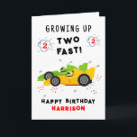 Growing Up Two Fast 2nd Birthday Kids Racing Cars Card<br><div class="desc">Growing Up Two Fast 2nd Birthday Kids Racing Cars Birthday Card Greeting Card features a cute and colourful racing cars with the text "Growing up two fast!" in modern typography script accented with the number 3 and doodles. Below "Happy Birthday" personalise with your name and add your custom message on...</div>