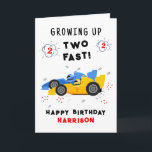 Growing Up Two Fast 2nd Birthday Kids Racing Cars Card<br><div class="desc">Growing Up Two Fast 2nd Birthday Kids Racing Cars Birthday Card Greeting Card features a cute and colourful racing cars with the text "Growing up two fast!" in modern typography script accented with the number 3 and doodles. Below "Happy Birthday" personalise with your name and add your custom message on...</div>