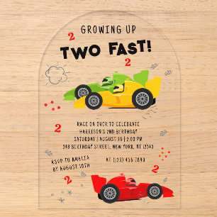 Growing Up Two Fast 2nd Birthday Race Cars Acrylic Invitations