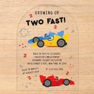Growing Up Two Fast 2nd Birthday Race Cars Acrylic Invitations