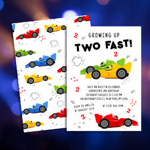 Growing Up Two Fast 2nd Birthday Race Cars Invitation