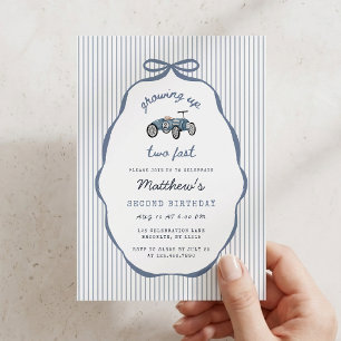 Growing Up Two Fast Blue Pinstripe Birthday Announcement