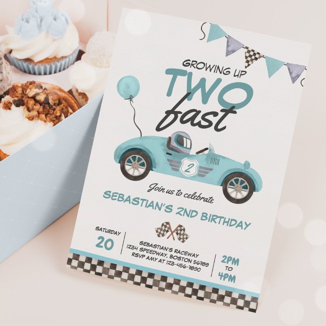 Growing Up Two Fast Blue Race Car 2nd Birthday Invitation (Creator Uploaded)