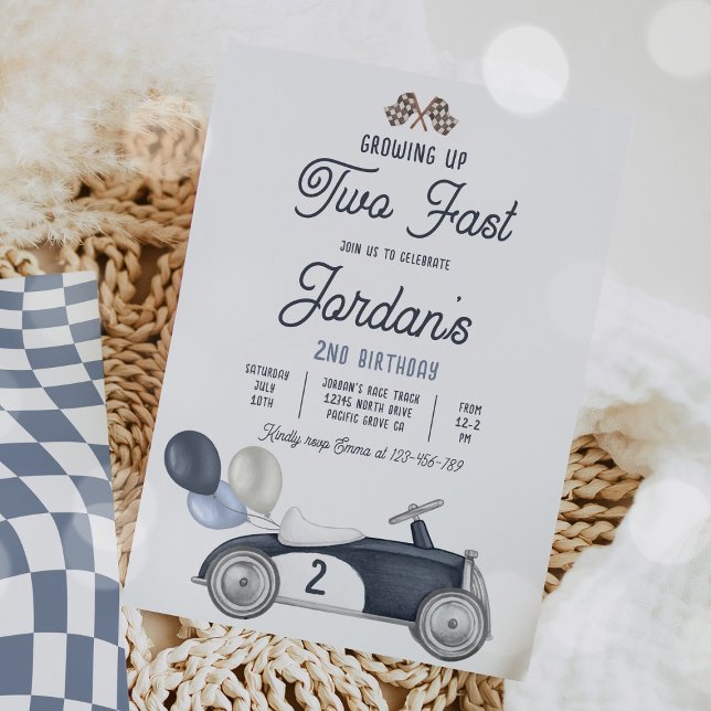 Growing Up Two Fast Blue Race Car 2nd Birthday Invitation (Creator Uploaded)