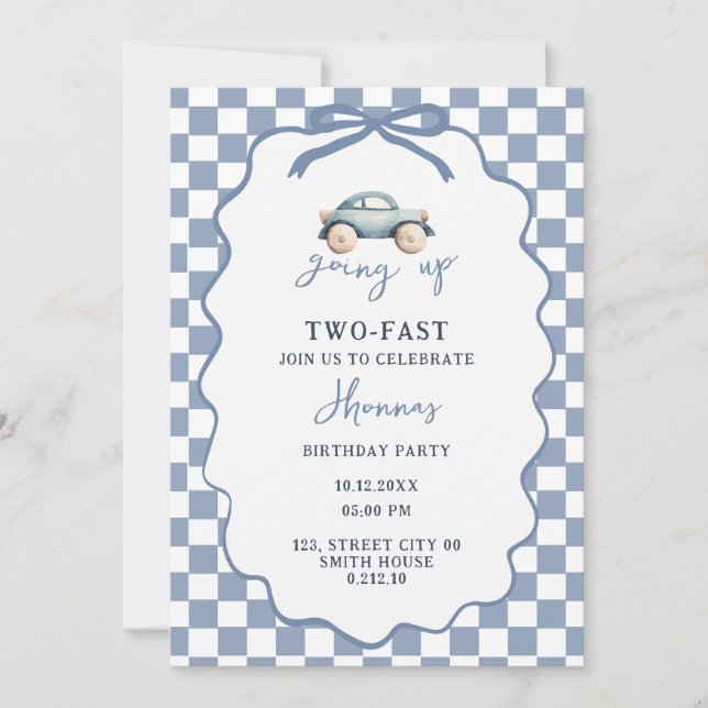 Growing Up Two Fast blue retro birthday invitation (Front)