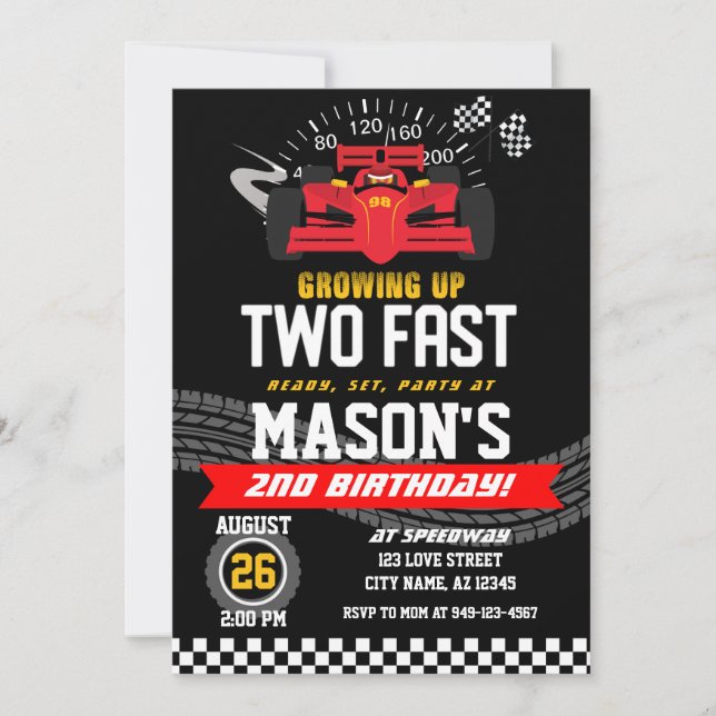 Growing up Two Fast Boys Red Race car 2nd birthday Invitation (Front)