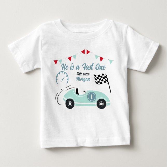 Growing Up Two Fast Festive Blue Race Car Birthday Baby T-Shirt (Front)
