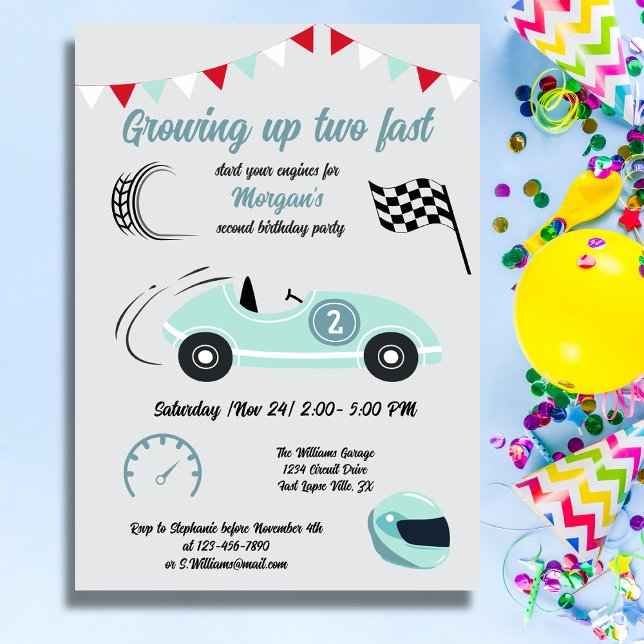 Growing Up Two Fast Festive Blue Race Car Birthday Invitation (Creator Uploaded)