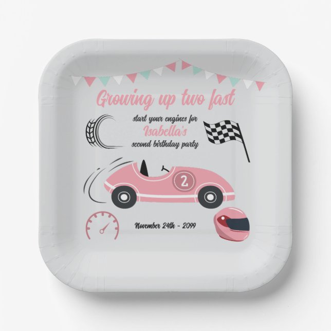 Growing Up Two Fast Festive Pink Race Car Birthday Paper Plate (Front)