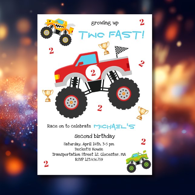 Growing up two fast monster trucks boy birthday invitation (Creator Uploaded)