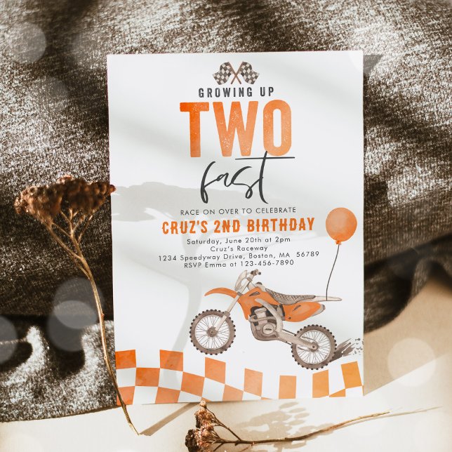Growing Up Two Fast Orange Dirt Bike Boy Birthday Invitation (Creator Uploaded)