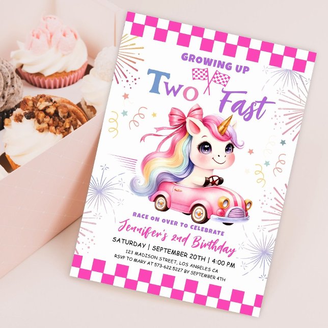 Growing Up Two Fast! Pink Race Car 2nd Birthday  Invitation (Creator Uploaded)