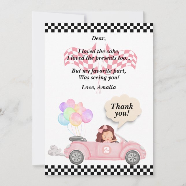 Growing Up Two Fast Pink Race Car Girl 2nd bday Thank You Card (Front)