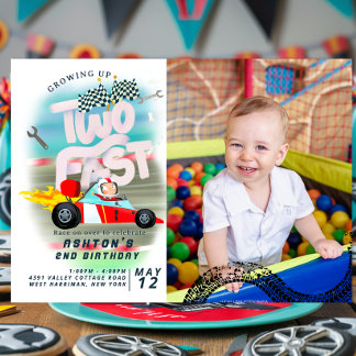 Growing Up Two Fast Race Car 2nd Birthday Invitation