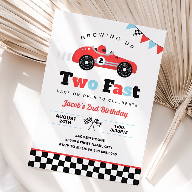 Growing Up Two Fast Race Car 2nd Birthday Invitation (Two Fast Race Car Birthday Invitation)