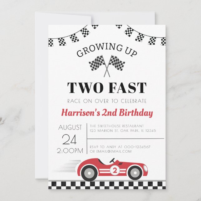 Growing Up Two Fast Race Car Boy 2nd Birthday Invitation (Front)